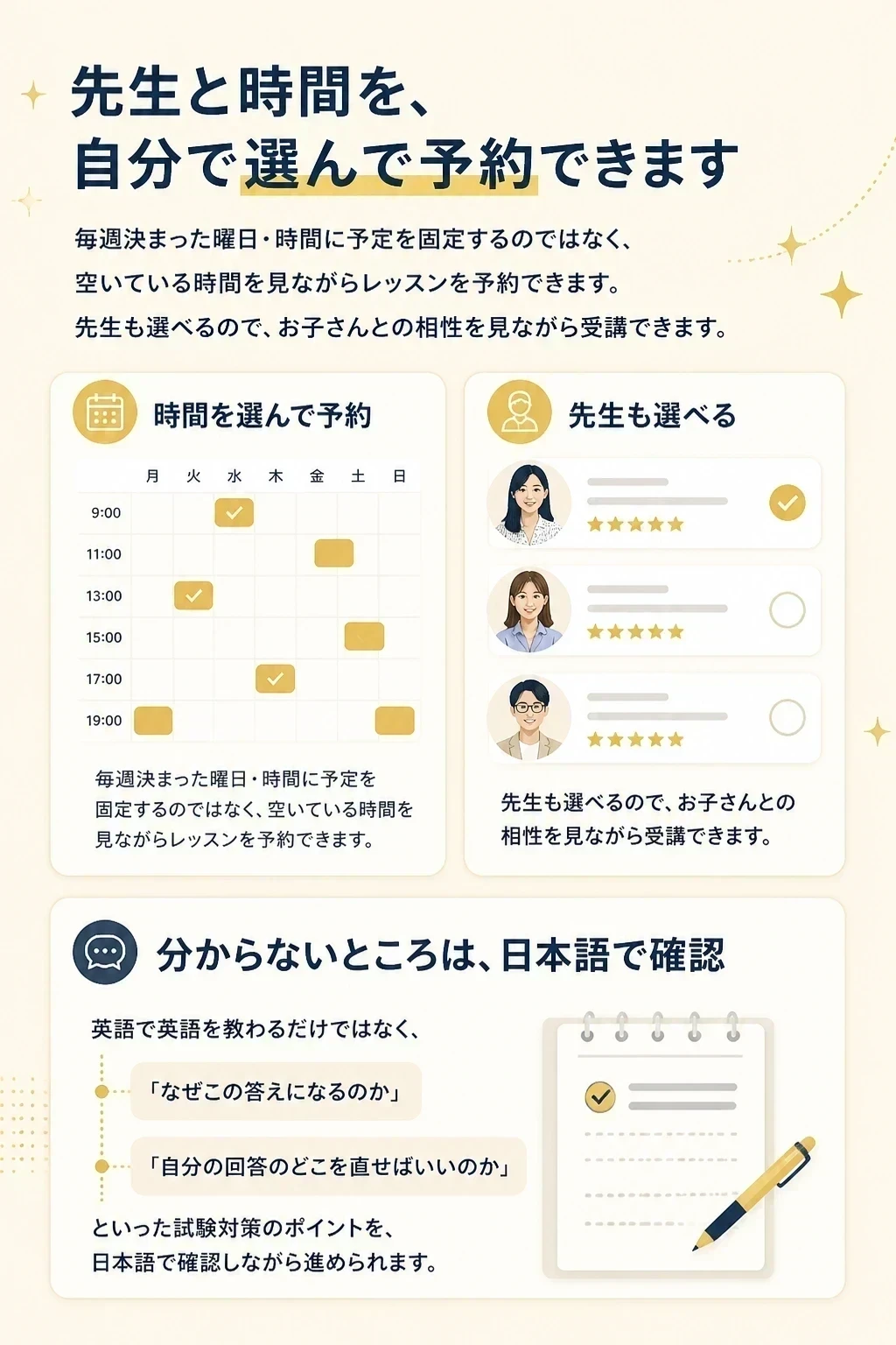 先生と時間を、自分で選んで予約できます
